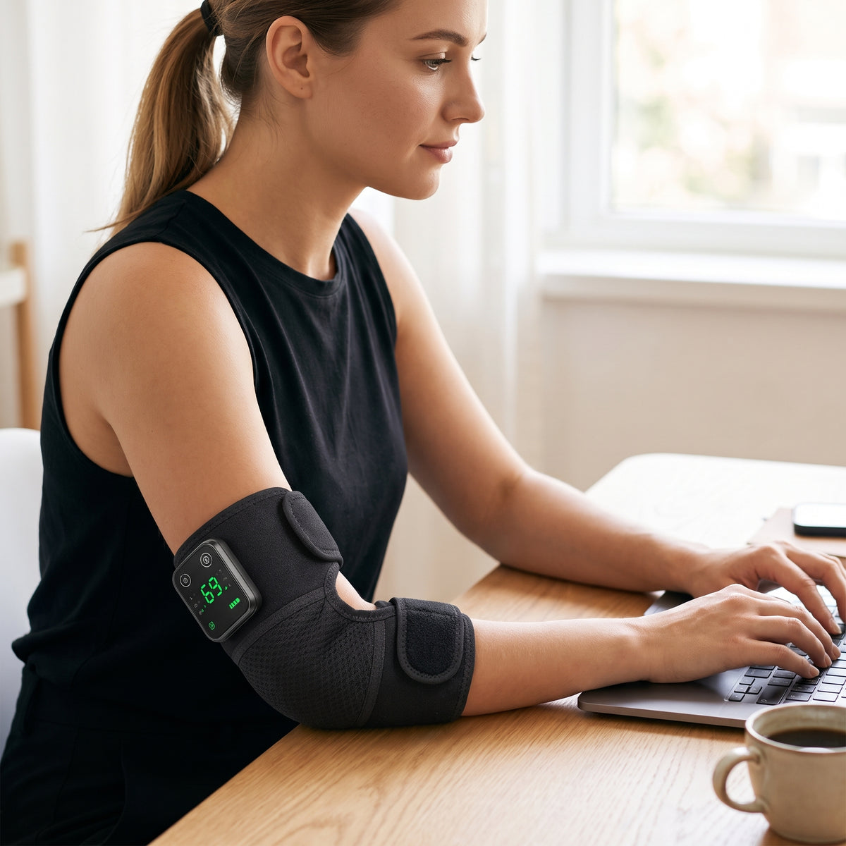 Heated wrap worn on the elbow at a desk
