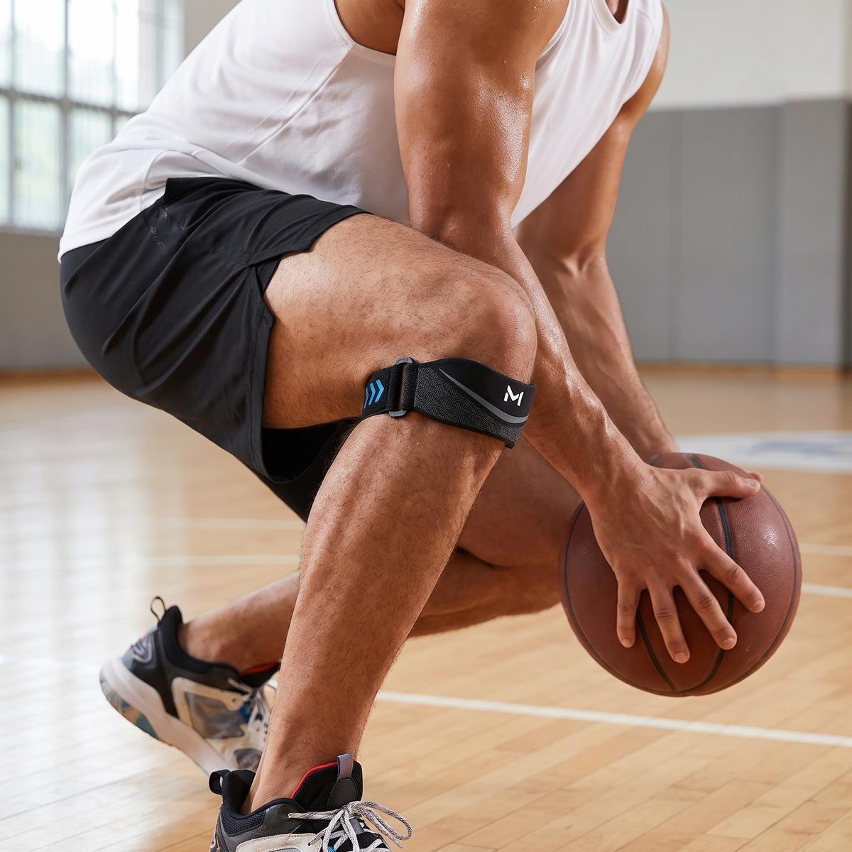 Patella strap worn below the kneecap on the basketball court
