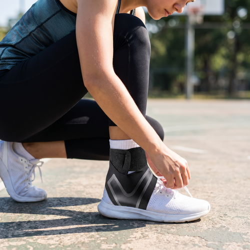 Ankle wrap worn while lacing a running shoe