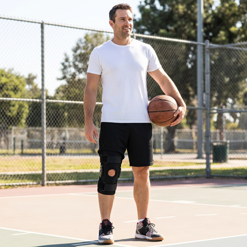 Hinged knee brace worn on the basketball court